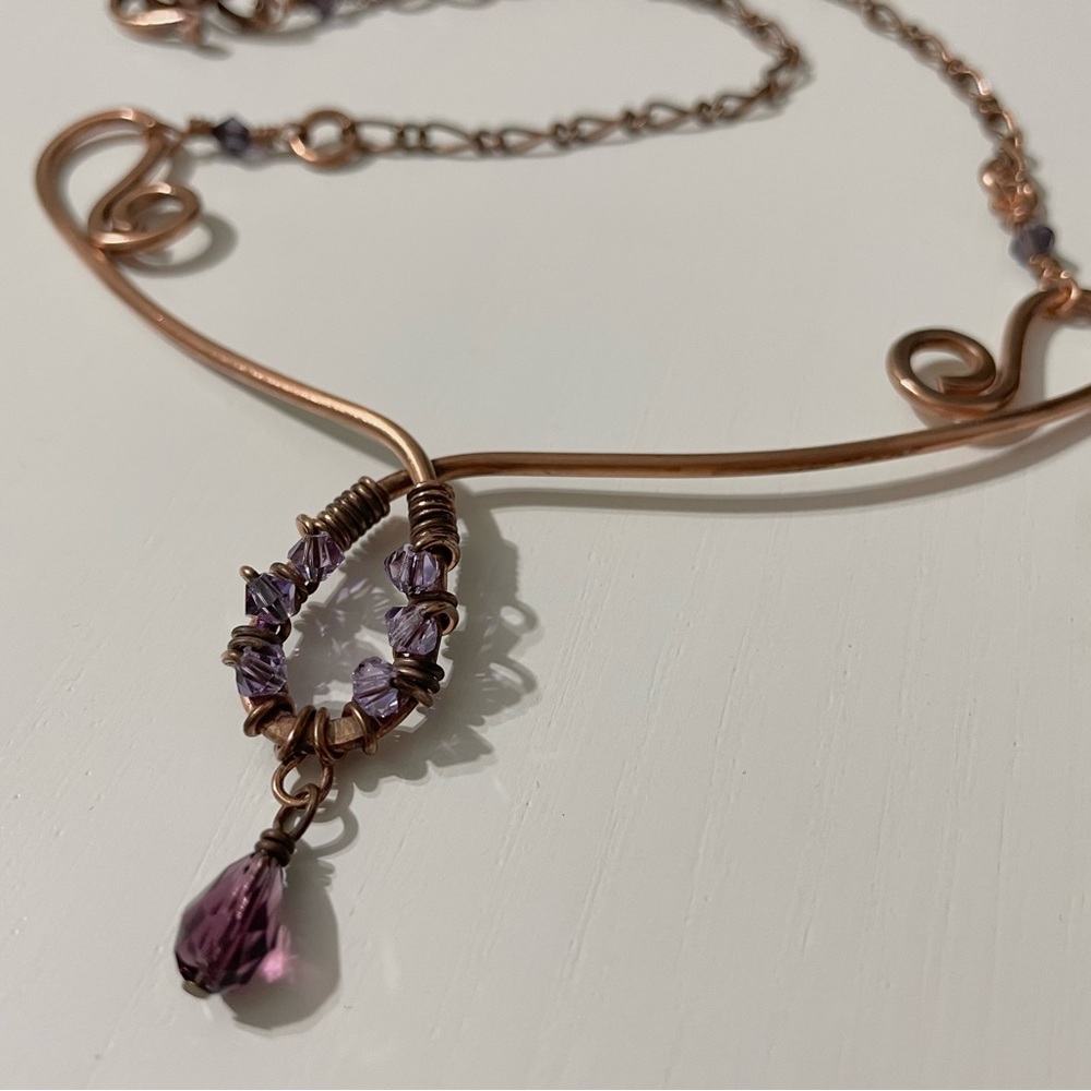 Copper Scroll Necklace Beaded Plum and Lilac Crystals Elegant Rustic‎ Handmade - Picture 4 of 14